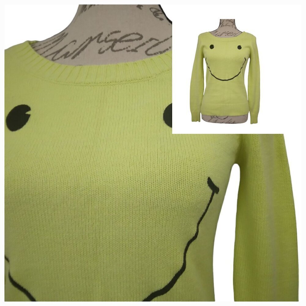 So | Neon Yellow Smiley Face Scoop Neck Pull On Sweater | Size S